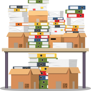 Illustration of a desk covered with boxes and stacks of shredding paper